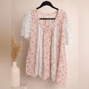 🌸 POL Boho Floral Lace Panel Blouse – Pink Cottagecore Top